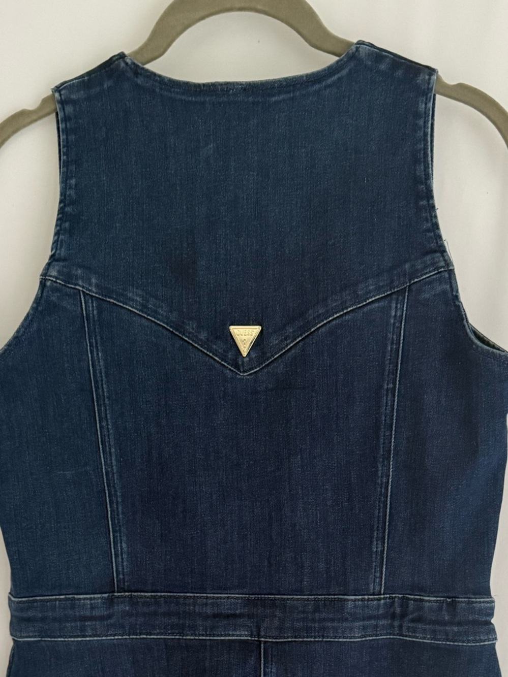 GUESS Stretch Denim Mini Dress Gold Button Front Structured Waist Y2K Jean Dress - Picture 11 of 17